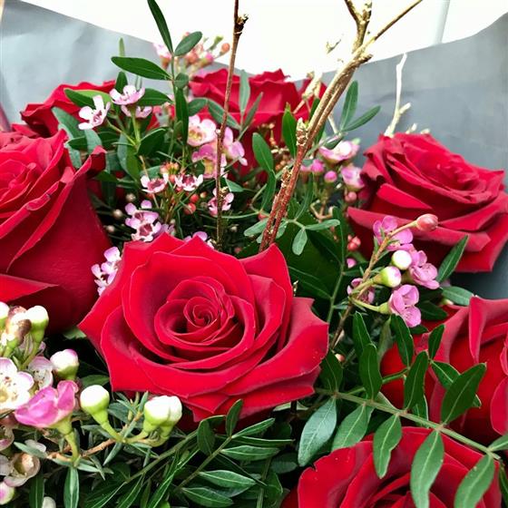 Romantic 12 Red Rose Hand Tied Bouquet